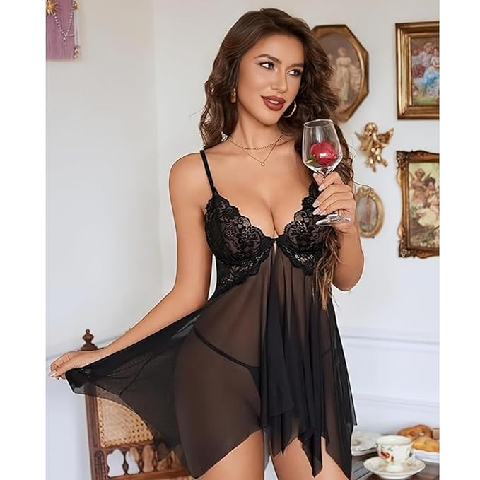 Midnight Pearl Luxury Sheer Lace Babydoll Lingerie Set