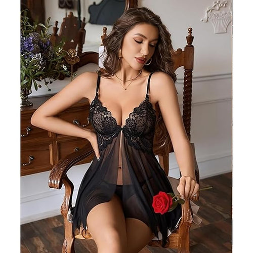 Midnight Pearl Luxury Sheer Lace Babydoll Lingerie Set