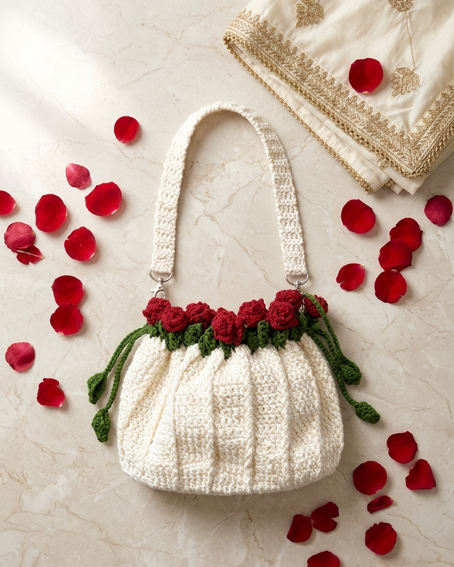 🌹 Elegant Handmade Crochet  White Bag with Rose