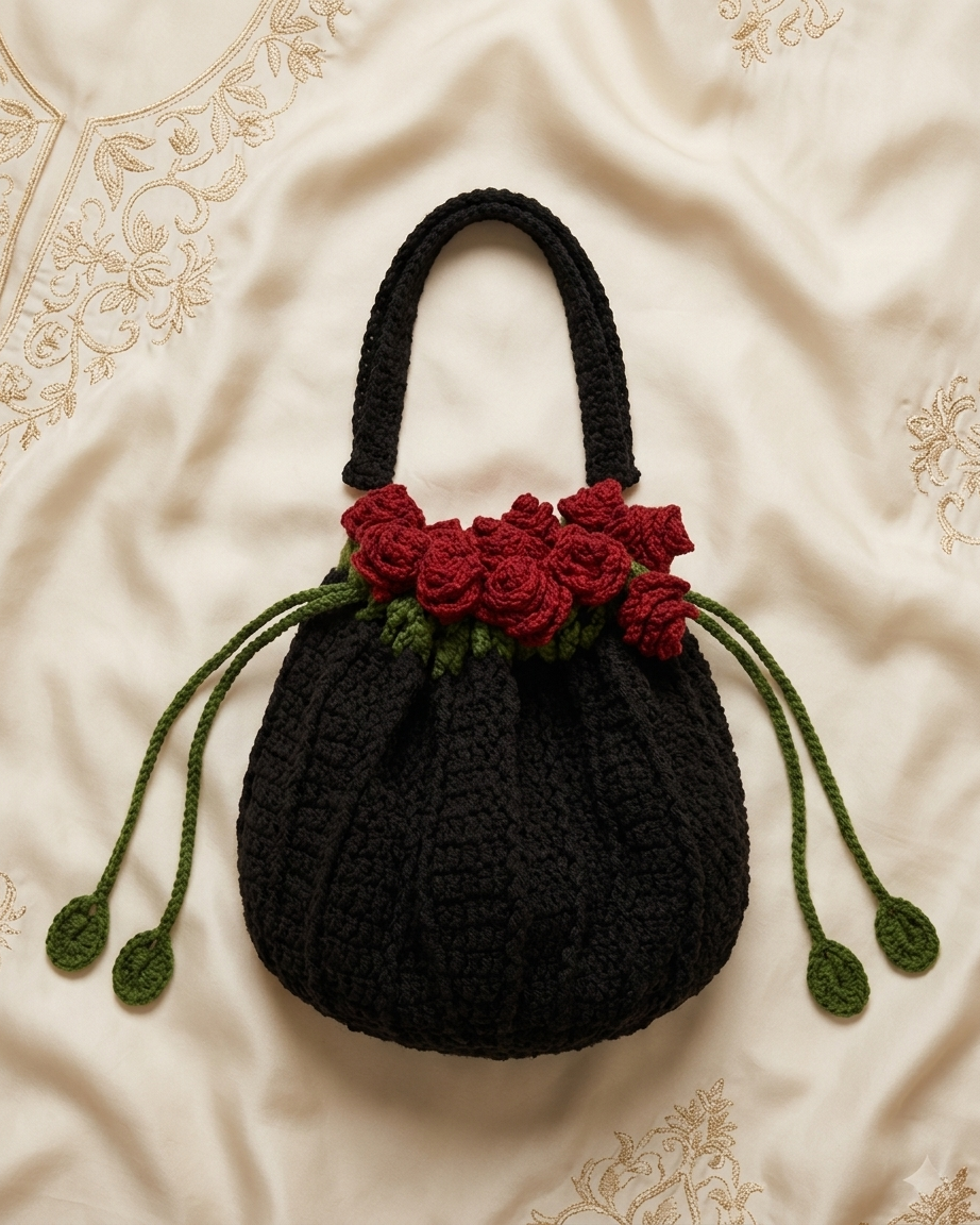 🌹 Elegant Handmade Crochet Black Bag with Rose