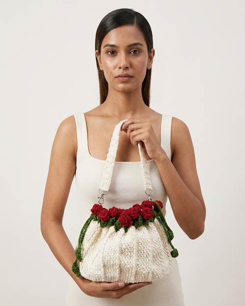 🌹 Elegant Handmade Crochet  White Bag with Rose