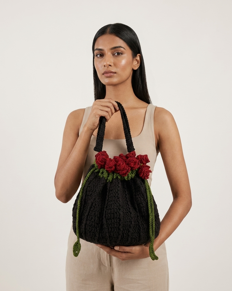 🌹 Elegant Handmade Crochet Black Bag with Rose