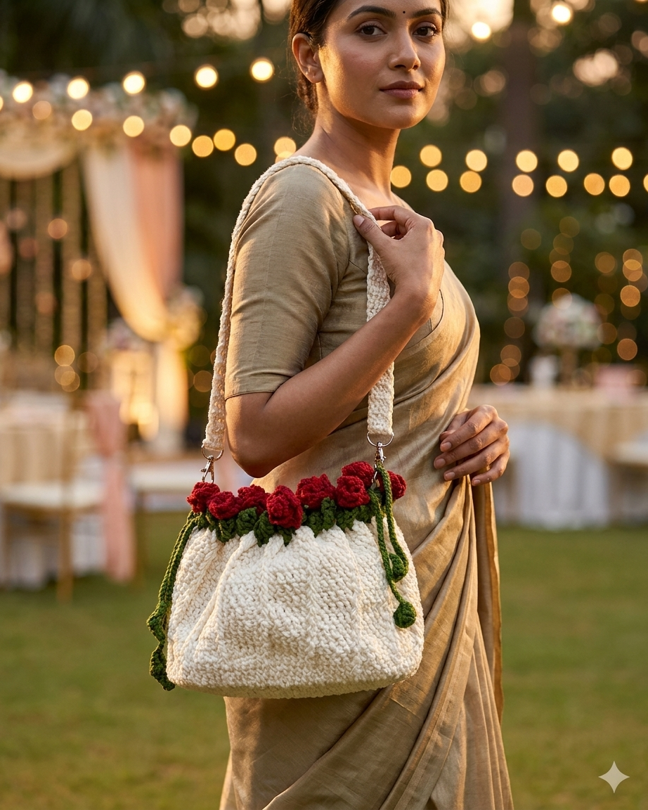 🌹 Elegant Handmade Crochet  White Bag with Rose