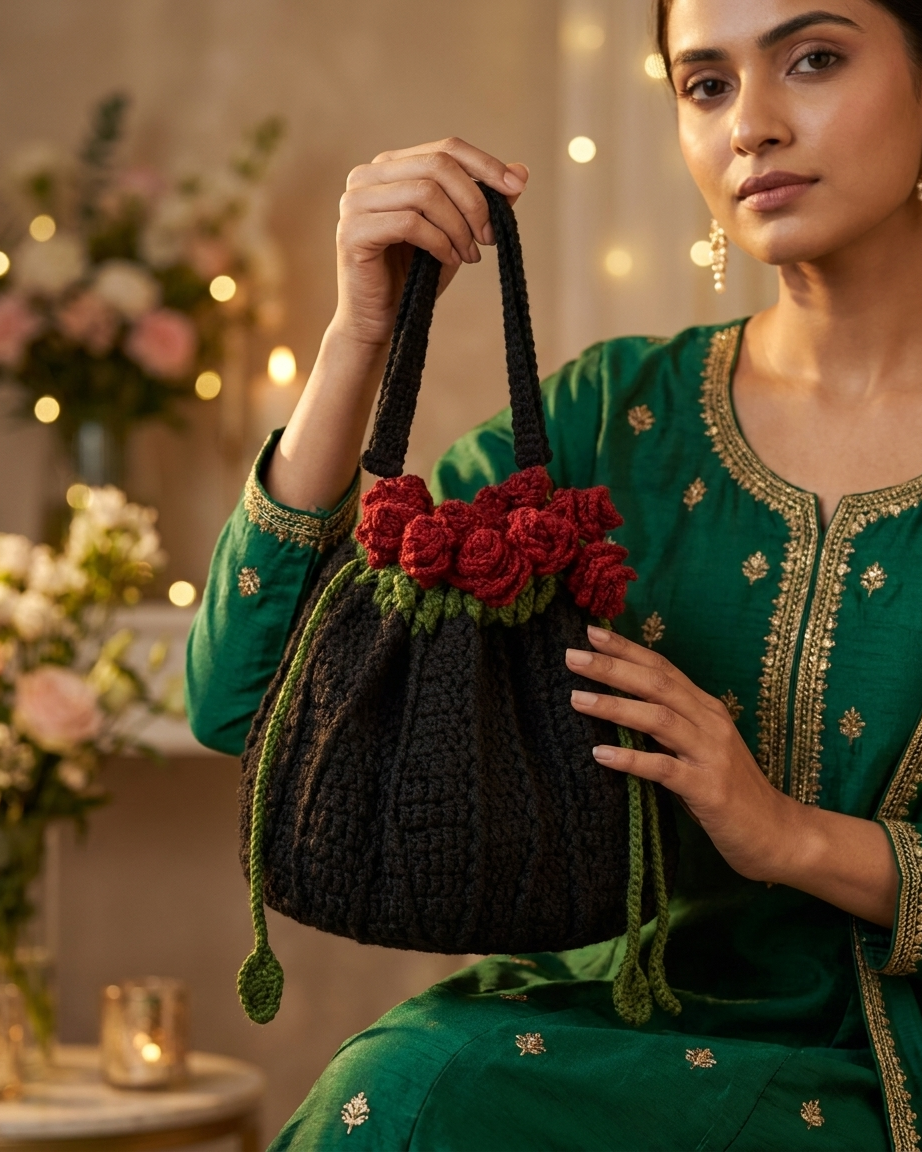 🌹 Elegant Handmade Crochet Black Bag with Rose