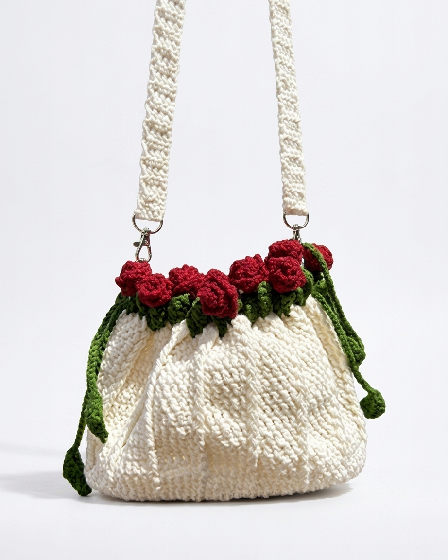 🌹 Elegant Handmade Crochet  White Bag with Rose