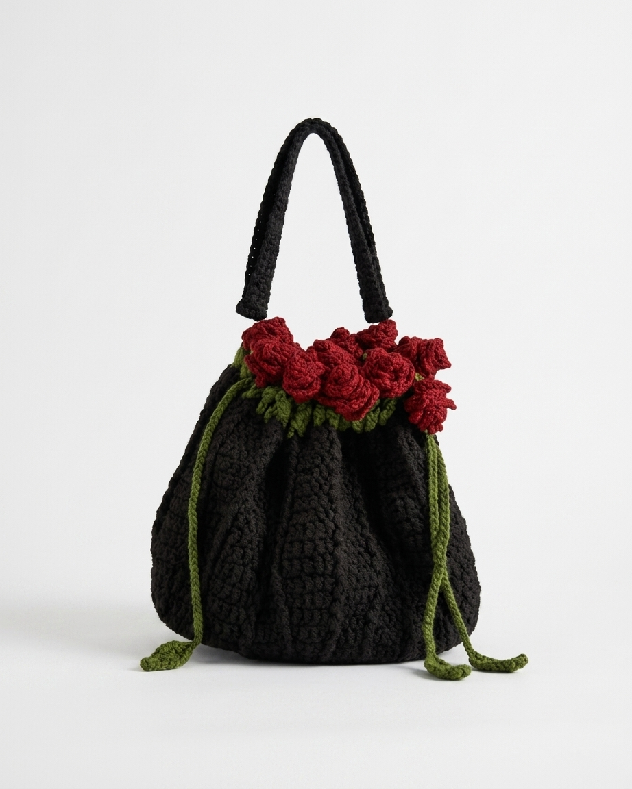🌹 Elegant Handmade Crochet Black Bag with Rose